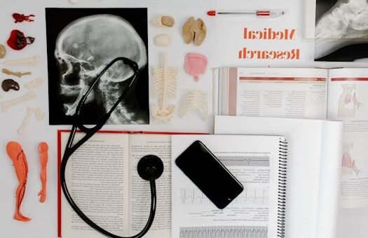 Flat lay of medical research materials with a stethoscope and anatomical models.